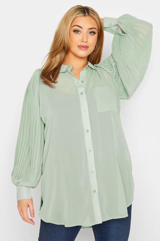 YOURS LONDON Plus Size Sage Green Pleated Sleeve Chiffon Shirt | Yours Clothing 1