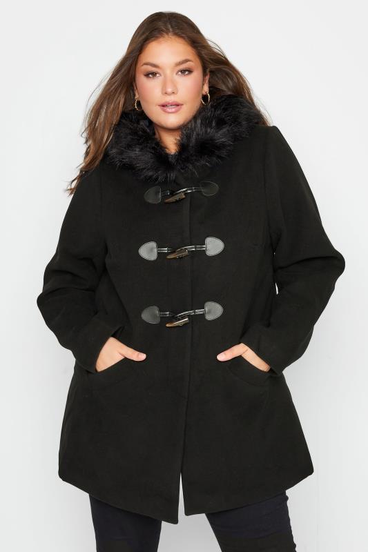 Plus Size Black Faux Fur Trim Duffle Coat | Yours Clothing 3