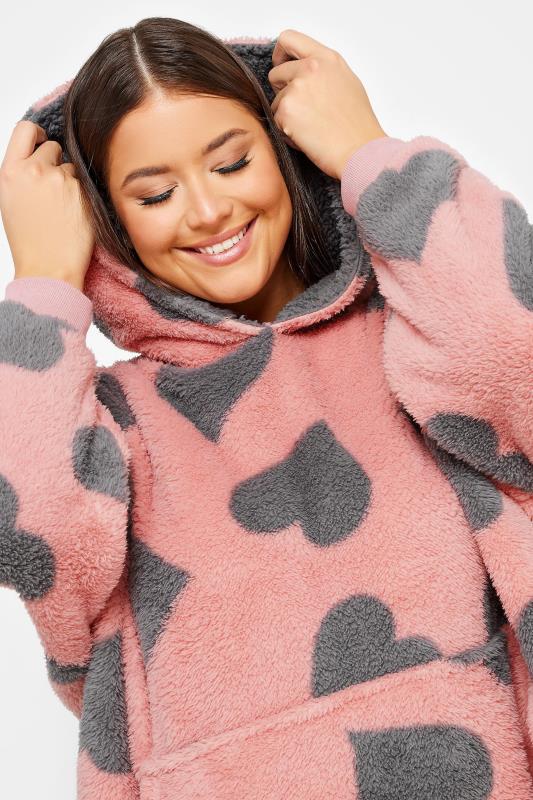 YOURS Plus Size Pink & Grey Heart Print Snuggle Hoodie | Yours Clothing 5