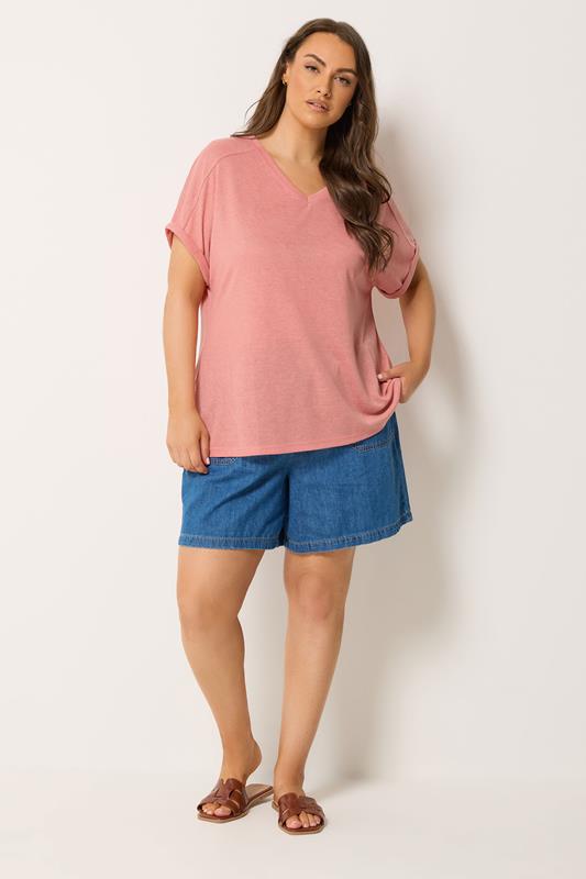 YOURS Plus Size Pink Linen Look T-Shirt | Yours Clothing 1