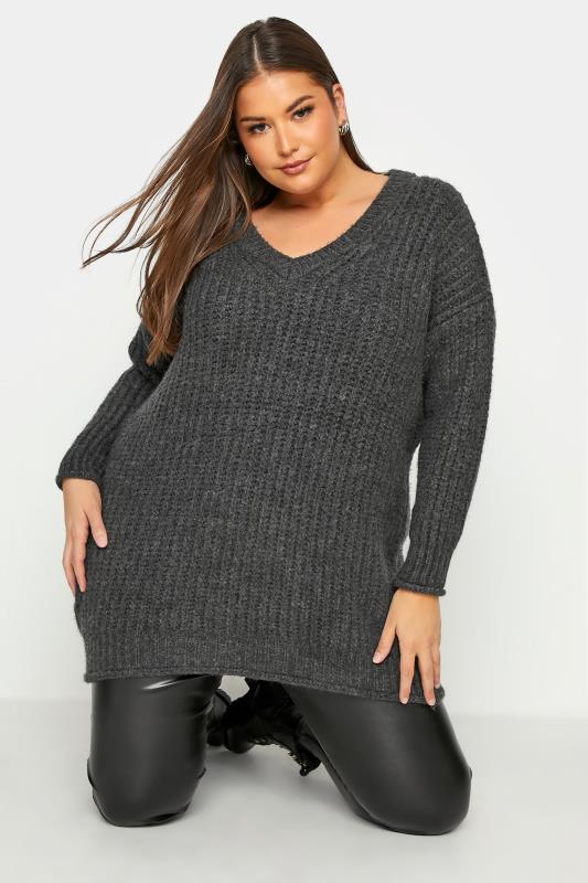 Plus Size  Grey V-Neck Knitted Jumper
