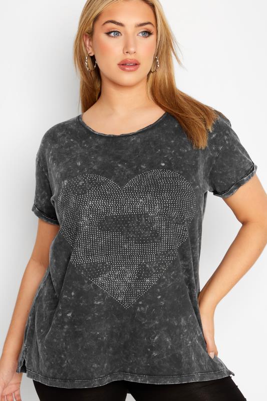 Curve Grey Acid Wash Embellished Heart T-Shirt 4