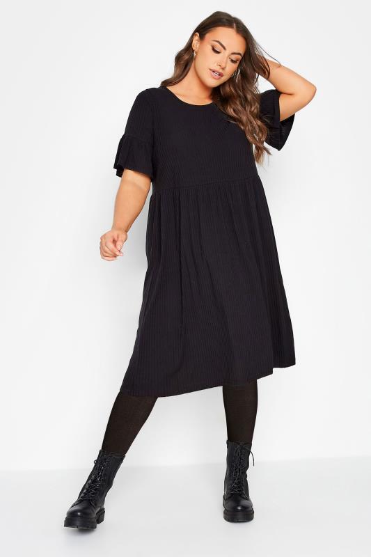 Plus Size Black Ribbed Smock Dress | Yours Clothing 1