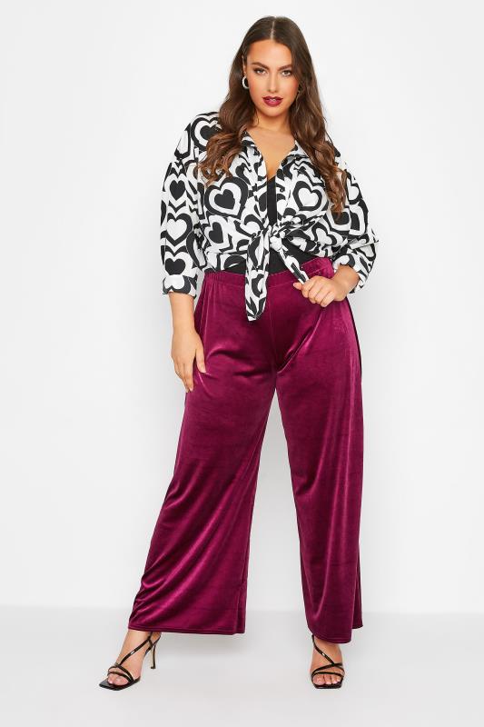 Plus Size Burgundy Red Wide Leg Stretch Velvet Trousers | Yours Clothing 2