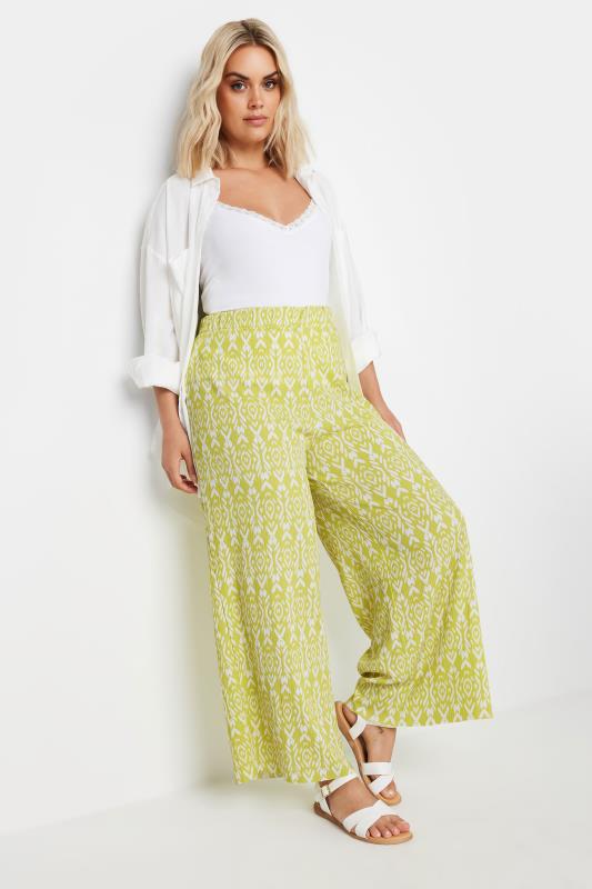 YOURS Plus Size Yellow Ikat Print Textured Wide Leg Trousers | Yours Clothing 1