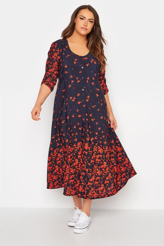  Grande Taille LIMITED COLLECTION Curve Navy Blue Floral Button Through Tea Dress