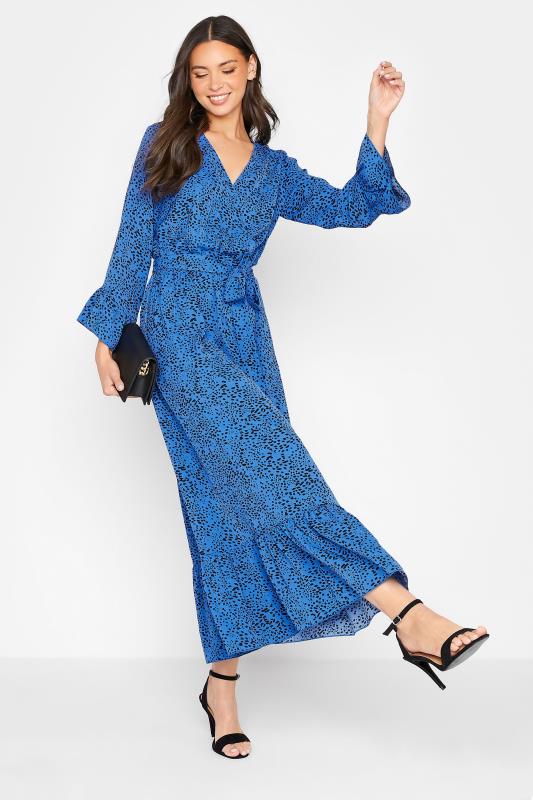 LTS Tall Cobalt Blue Dalmatian Print Wrap Dress 2