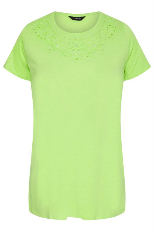 Plus Size Lime Green Broderie Anglaise Neckline T-Shirt | Yours Clothing 6