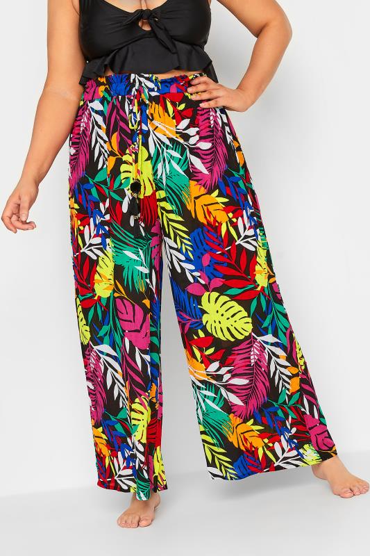  Grande Taille YOURS Curve Black Tropical Print Wide Leg Beach Trousers