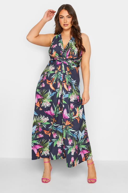 YOURS LONDON Plus Size Curve Navy Blue Tropical Print Knot Front Maxi Dress | Yours Clothing  2