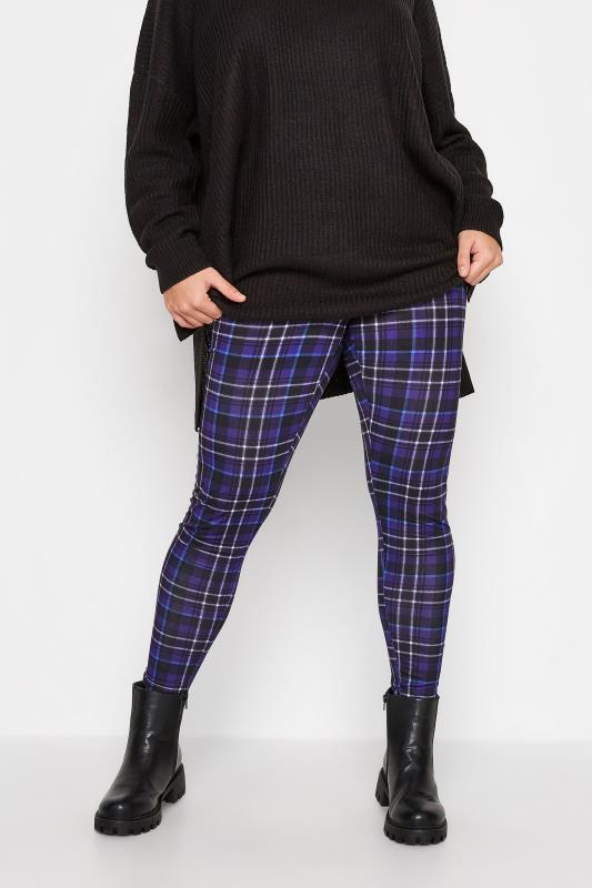 Plus Size Blue Stretch Check Print Leggings | Yours Clothing 1