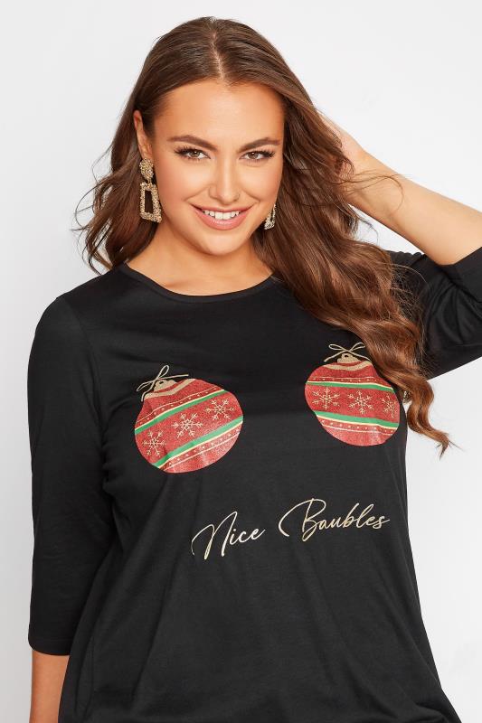 Plus Size Black 'Nice Baubles' Christmas Slogan T-shirt | Yours Clothing 1
