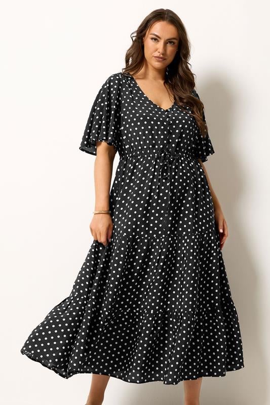 YOURS Plus Size Black Polka Dot Tiered Dress | Yours Clothing 1