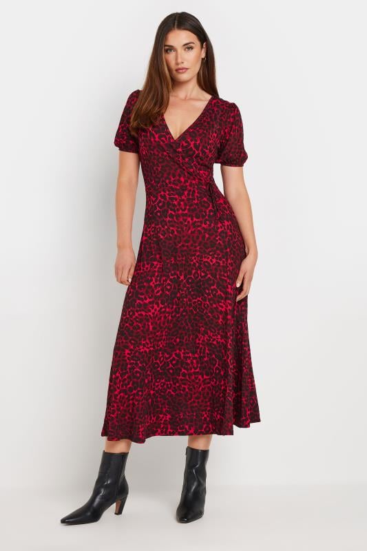  Tallas Grandes LTS Tall Red Leopard Print Wrap Midi Dress