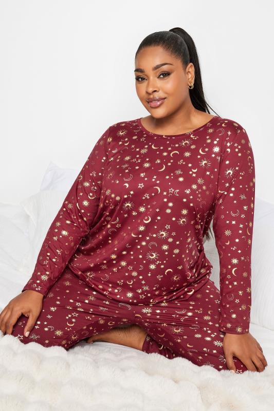 YOURS Plus Size Red Celestial Foil Print Soft Touch Pyjama Set | Yours Clothing 2