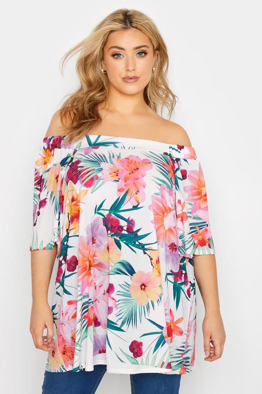 YOURS LONDON Plus Size White Tropical Print Bardot Top | Yours Clothing 1
