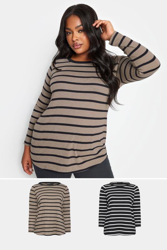 YOURS Plus Size 2 PACK Black & Brown Stripe Print Cotton Tops | Yours Clothing 1