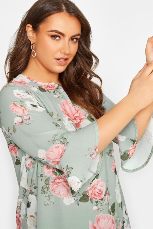 YOURS LONDON Plus Size Sage Green Floral Print Flute Sleeve Tunic Top | Yours Clothing 4