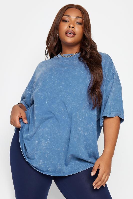 YOURS Plus Size Curve Blue Acid Wash Oversized Boxy T-Shirt
