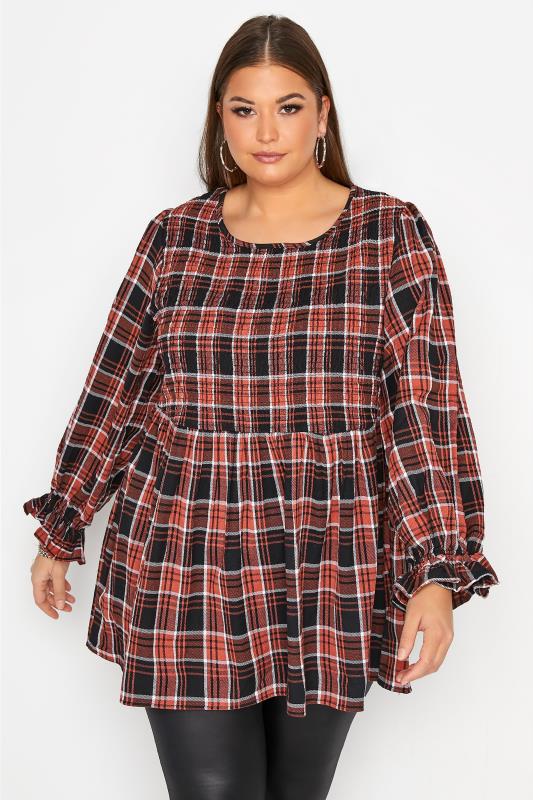 LIMITED COLLECTION Black & Red Check Shirred Peplum Top_A.jpg
