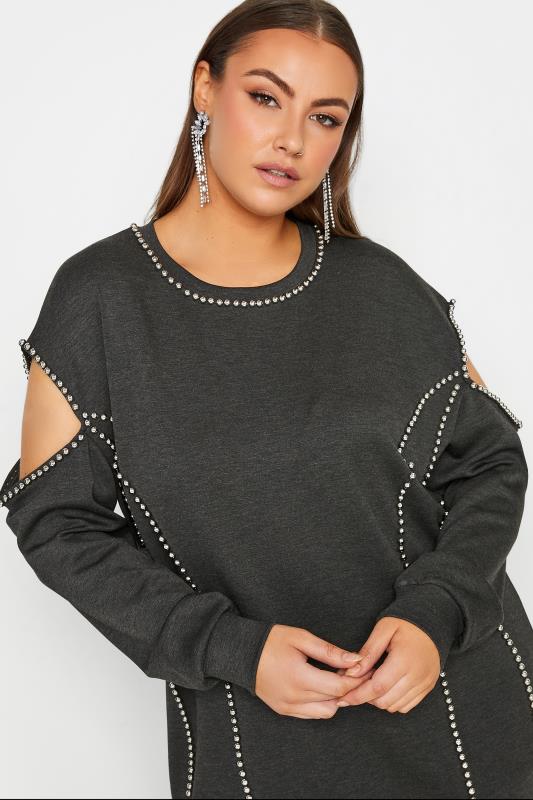 Plus Size  Curve Charcoal Grey Stud Embellished Cut-Out Sleeve Sweatshirt