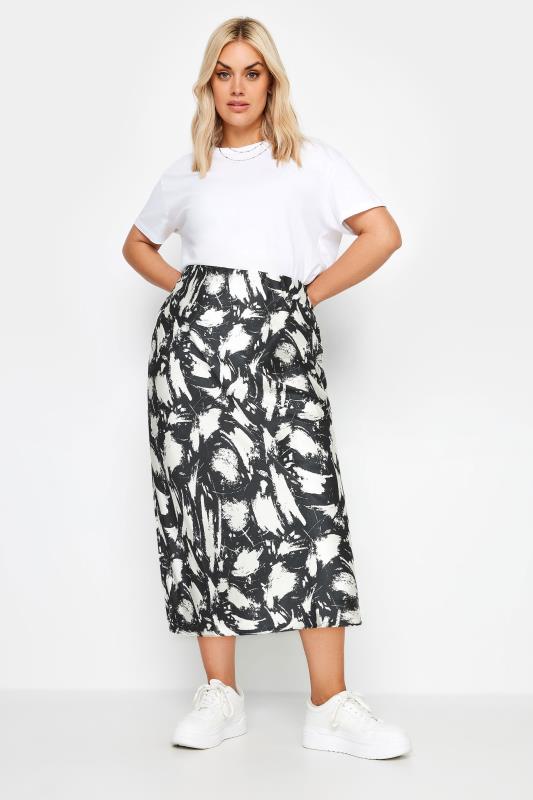 YOURS Plus Size Black & White Abstract Print Satin Midi Skirt | Yours Clothing  1