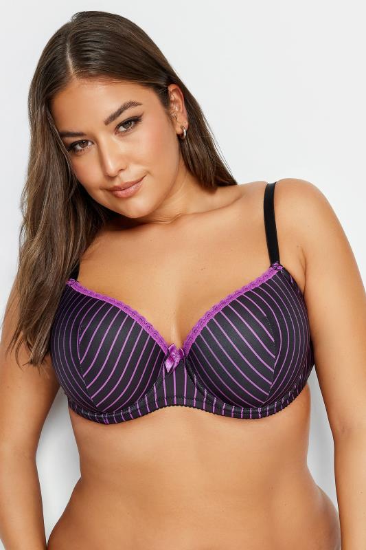 YOURS 2 PACK Plus Size Pink & Black Stripe Print Padded T-Shirt Bras | Yours Clothing 2