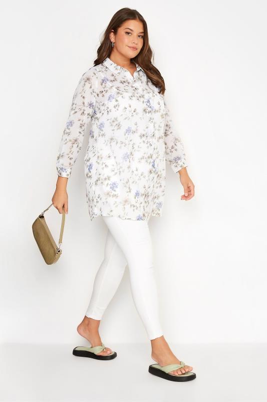 Plus Size White & Blue Floral Print Button Through Shirt | Yours Clothing 2