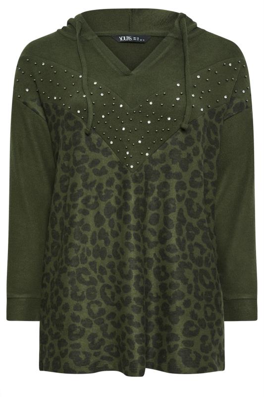 YOURS Plus Size Khaki Green Leopard Print Embellished Hoodie | Yours Clothing 5