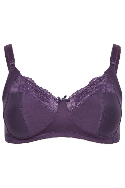 YOURS 2 PACK Black & Purple Cotton Lace Trim Non-Padded Bras | Yours Clothing 7