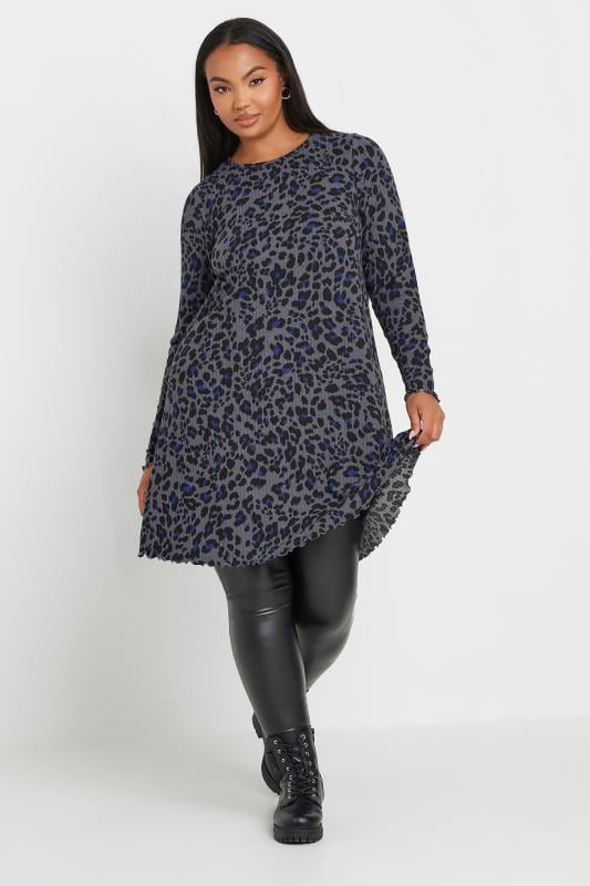  YOURS Curve Grey Leopard Print Lettuce Edge Tunic Top