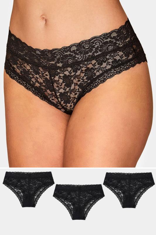 Plus Size 3 PACK Black Lace Low Rise Brazillian Knickers | Yours Clothing  1