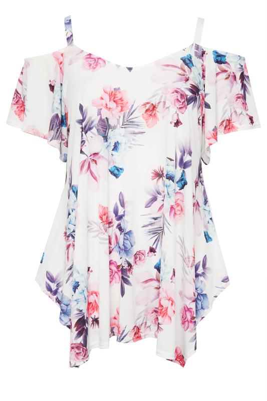 YOURS LONDON Plus Size White Tropical Print Cold Shoulder Top | Yours Clothing  6