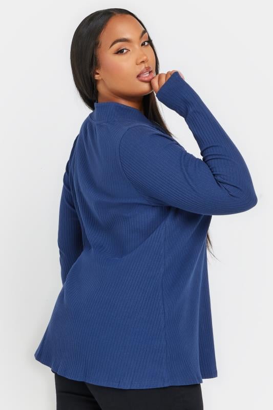 YOURS Plus Size Blue Ribbed Quarter Zip Top | Yours Clothing 3