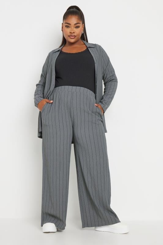 YOURS Plus Size Grey Textured Pinstripe Wide Leg Trousers | Yours Clothing 1