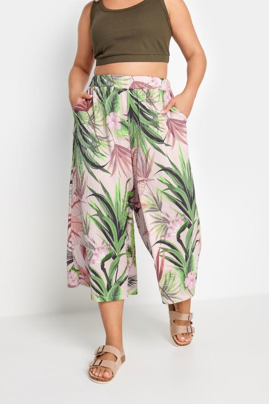 Plus Size  YOURS Curve Pink Tropical Print Textured Cropped Trousers