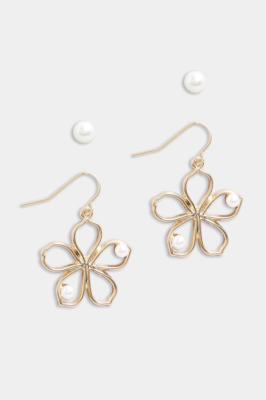 2 PACK Gold Flower Pearl Drop Earrings | Yours Clothing 2