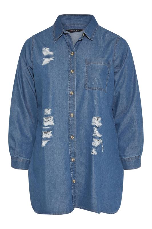 Plus Size Blue Long Sleeve Distressed Denim Shirt | Yours Clothing 6