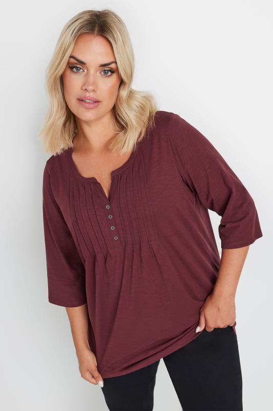 YOURS Plus Size Burgundy Red Pintuck Henley Top | Yours Clothing 1