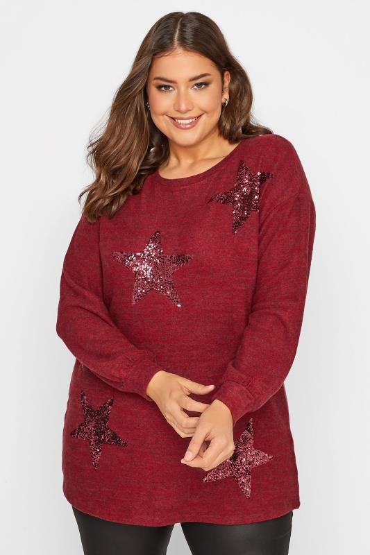 Plus Size Red Sequin Star Soft Touch Jumper | Yours Clothing 1