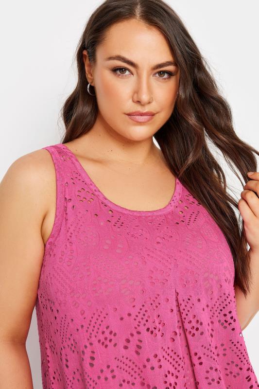 YOURS Plus Size Pink Broderie Anglaise Swing Vest Top | Yours Clothing 4