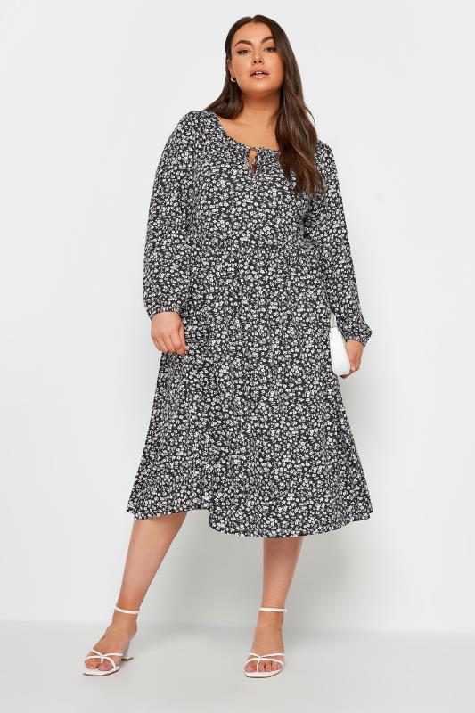 YOURS Plus Size Black Ditsy Floral Print Midaxi Dress | Yours Clothing 1