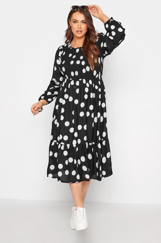 LIMITED COLLECTION Plus Size Black Spot Print Shirred Dress | Yours Clothing 1