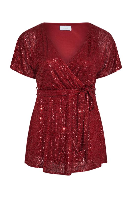 YOURS LONDON Plus Size Wine Red Sequin Embellished Wrap Top | Yours Clothing 6
