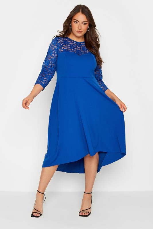 YOURS LONDON Plus Size Curve Royal Blue Lace Sweetheart Midi Dress | Yours Clothing  2