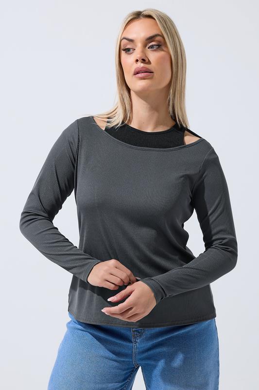  LIMITED COLLECTION Curve Grey 2-In-1 Ribbed Long Sleeve T-Shirt