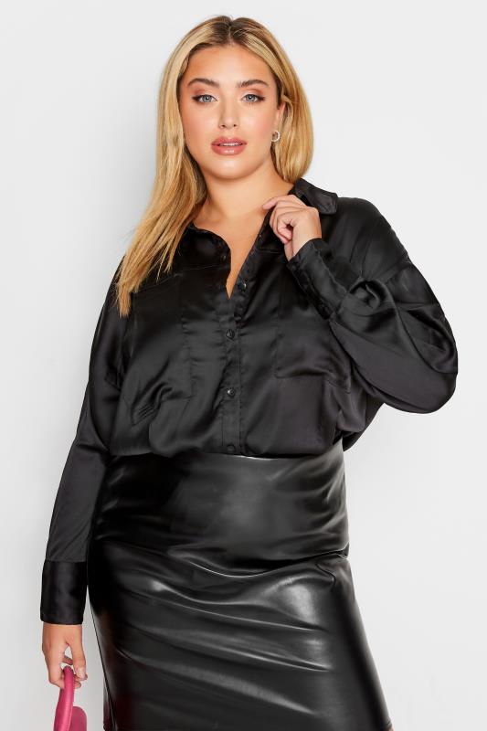 LIMITED COLLECTION Plus Size Black Satin Shirt | Yours Clothing  1
