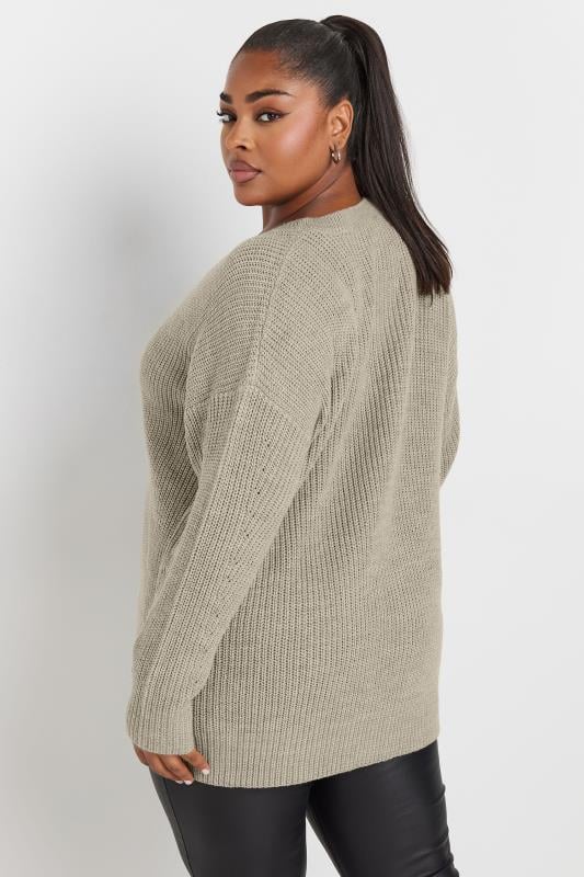 YOURS Plus Size Beige Brown V-Neck Knitted Jumper | Yours Clothing 3