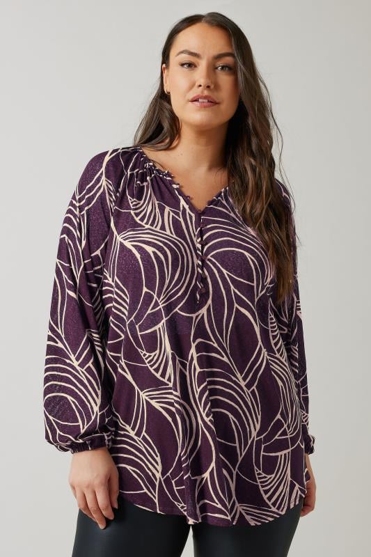 EVANS Plus Size Purple Linear Print Long Sleeve Blouse | Evans 1