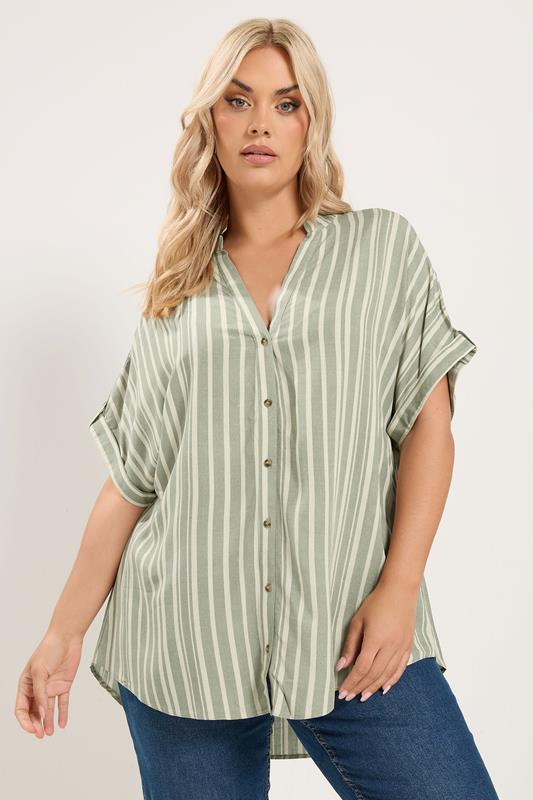  YOURS Curve Green Stripe Tab Detail Shirt